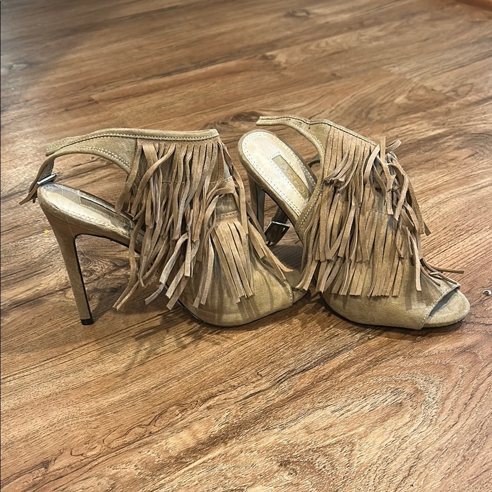 Fringe Tan High Heel Sandals